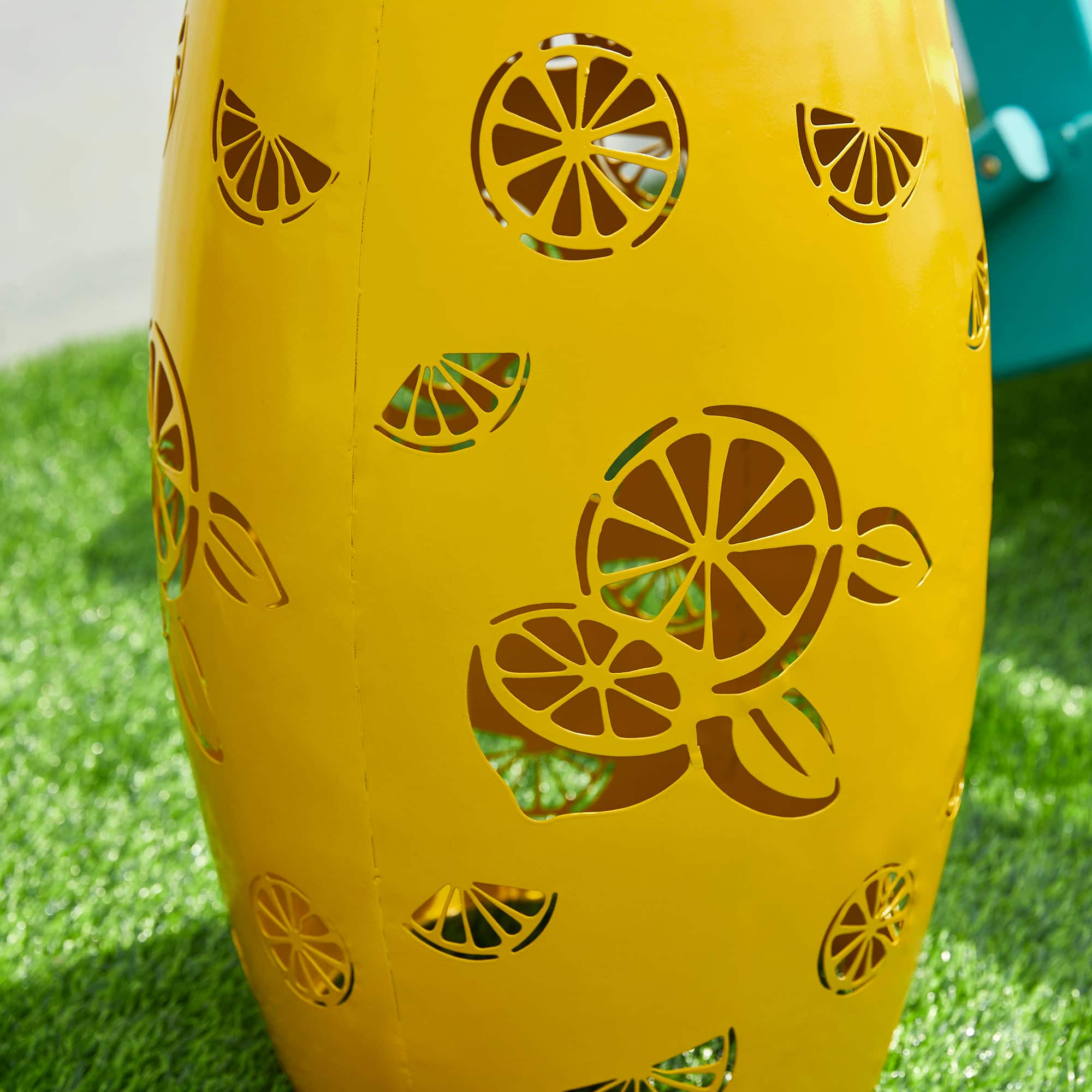 Glitzhome® 18.5" Yellow Iron Cutout Lemon Pattern Solar LED Garden Stool